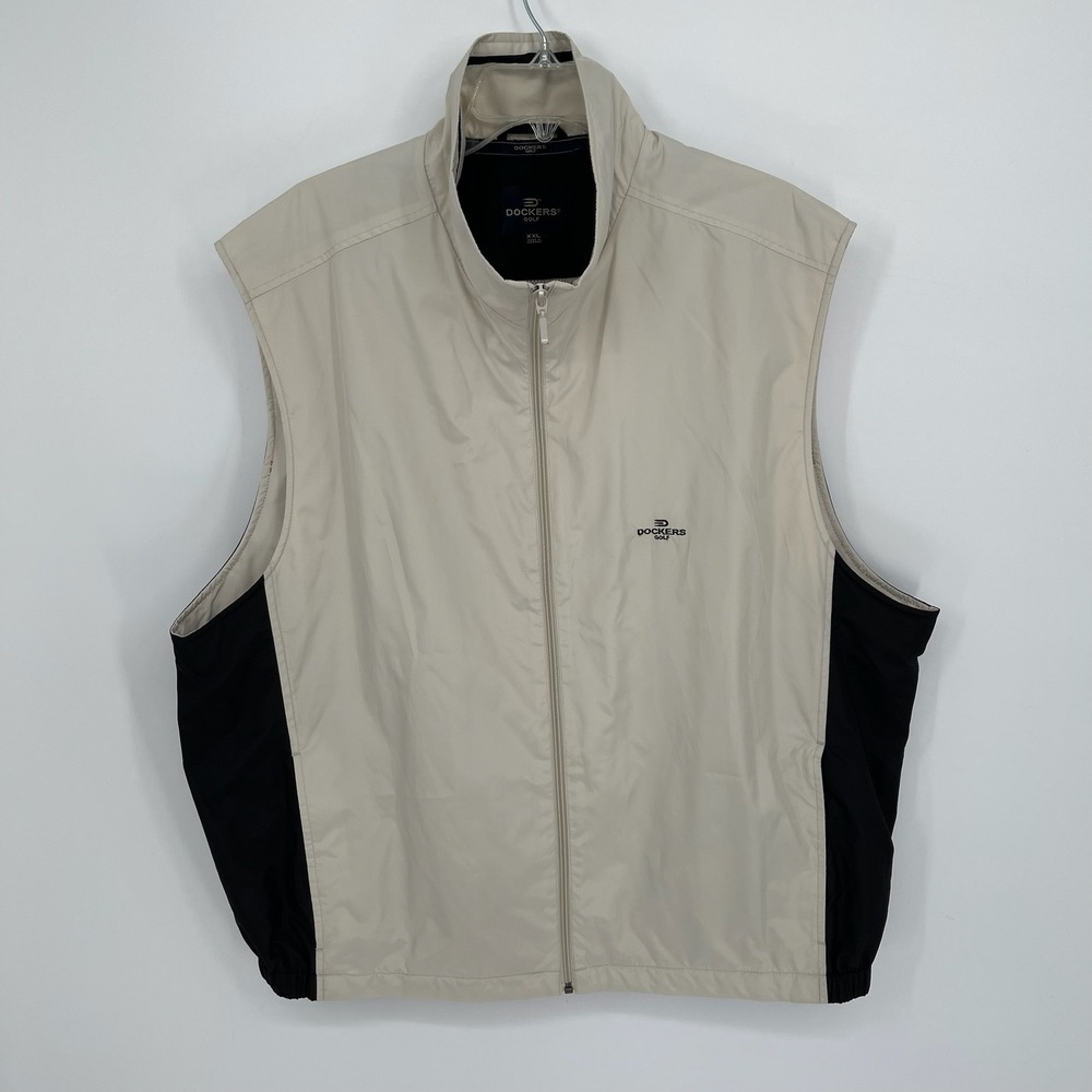 Dockers Men's Beige Full Zip Mock Neck Pockets Sleeveless Golf Vest Size XXL 2XL